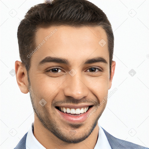 Joyful white young-adult male with short  black hair and brown eyes