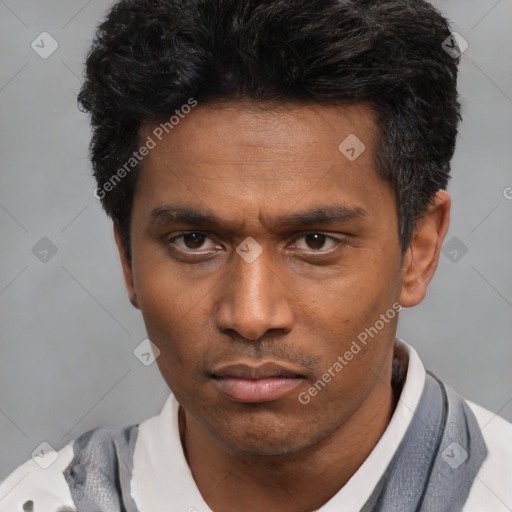 Neutral latino adult male with short  black hair and brown eyes
