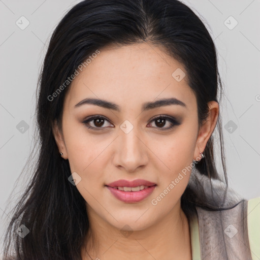 Joyful asian young-adult female with long  brown hair and brown eyes