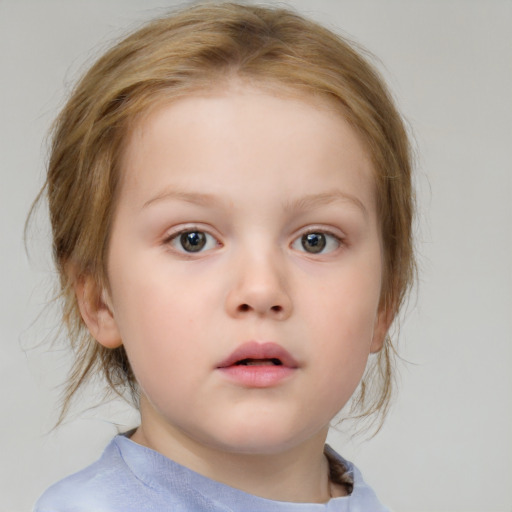 Neutral white child female with medium  brown hair and blue eyes