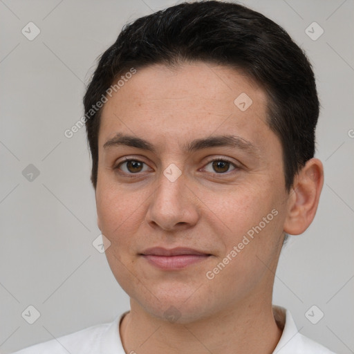 Joyful white young-adult male with short  brown hair and brown eyes