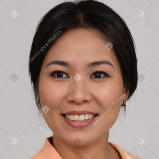 Joyful white young-adult female with medium  brown hair and brown eyes