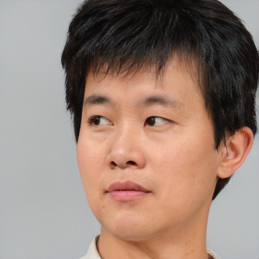 Neutral asian young-adult male with short  brown hair and brown eyes