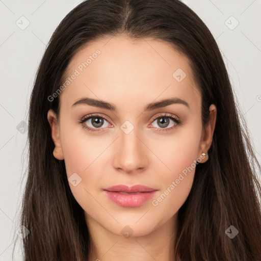 Neutral white young-adult female with long  brown hair and brown eyes