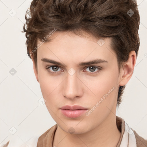 Neutral white young-adult female with short  brown hair and brown eyes