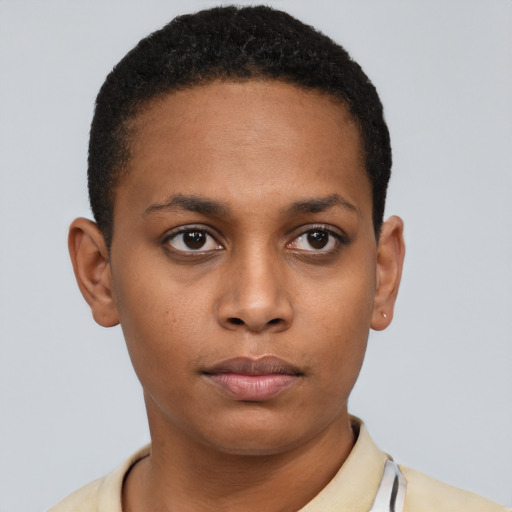 Neutral latino young-adult female with short  brown hair and brown eyes