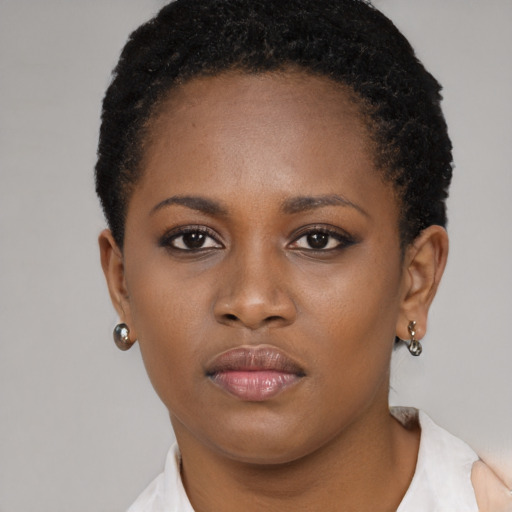 Neutral black young-adult female with short  brown hair and brown eyes