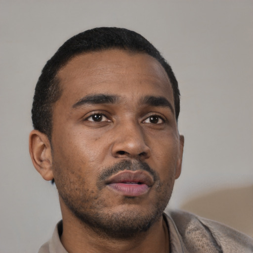 Neutral black young-adult male with short  brown hair and brown eyes