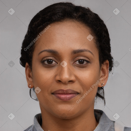 Joyful latino young-adult female with short  black hair and brown eyes