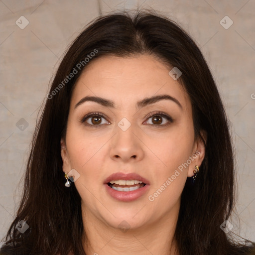 Joyful white young-adult female with long  brown hair and brown eyes