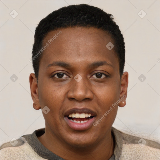 Joyful black young-adult male with short  black hair and brown eyes