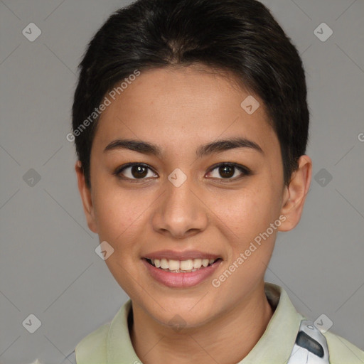 Joyful latino young-adult female with short  brown hair and brown eyes