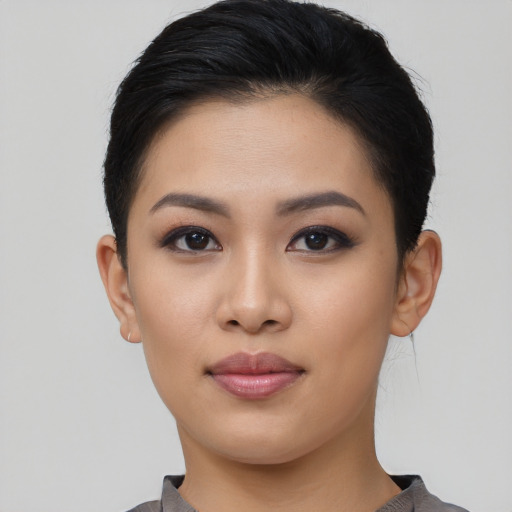 Neutral asian young-adult female with short  black hair and brown eyes