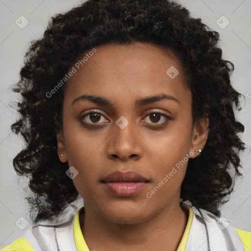 Neutral black young-adult female with medium  brown hair and brown eyes