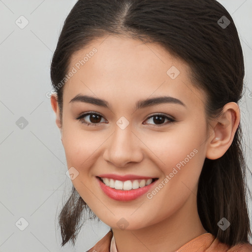 Joyful white young-adult female with long  brown hair and brown eyes