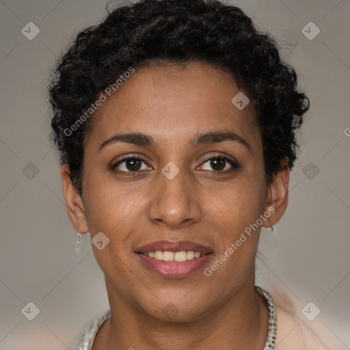 Joyful latino young-adult female with short  brown hair and brown eyes