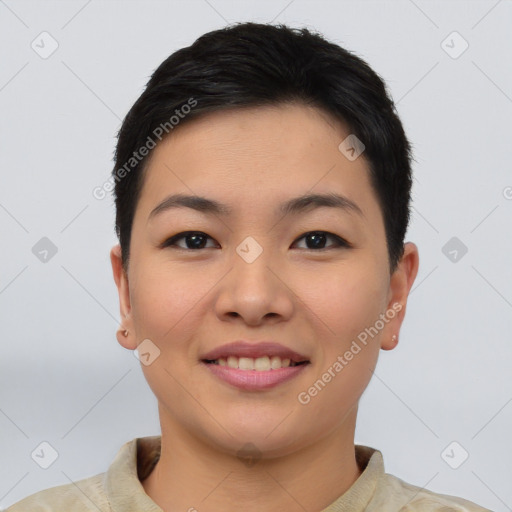 Joyful asian young-adult female with short  brown hair and brown eyes