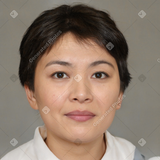 Joyful white young-adult female with medium  brown hair and brown eyes