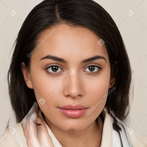 Neutral white young-adult female with medium  brown hair and brown eyes