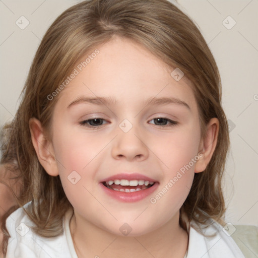 Joyful white child female with medium  brown hair and brown eyes