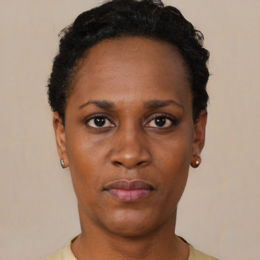 Neutral black young-adult female with short  black hair and brown eyes