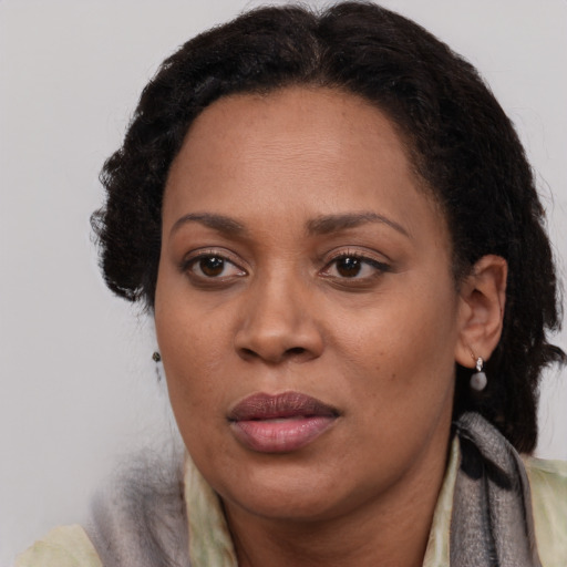 Joyful black adult female with medium  brown hair and brown eyes