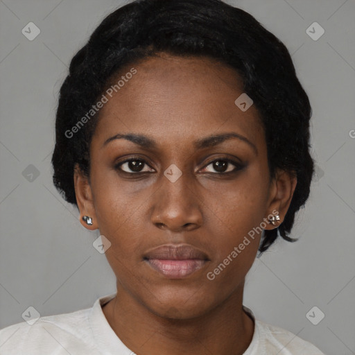 Neutral black young-adult female with short  black hair and brown eyes