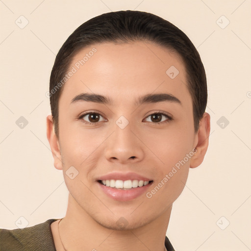 Joyful white young-adult female with short  brown hair and brown eyes