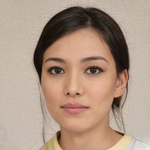 Neutral white young-adult female with medium  brown hair and brown eyes