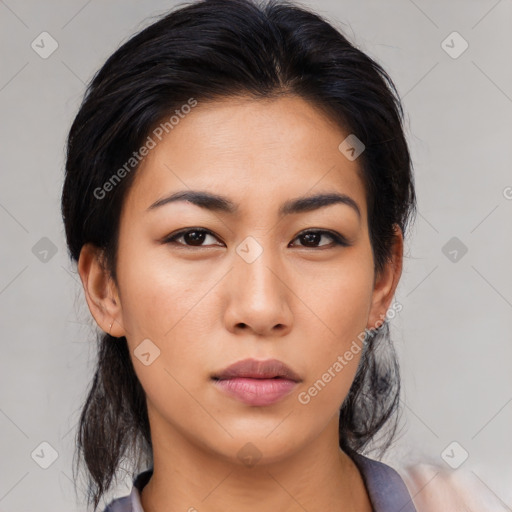 Neutral asian young-adult female with medium  brown hair and brown eyes