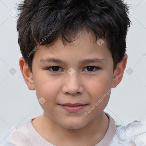 Joyful white child male with short  brown hair and brown eyes