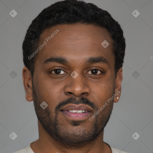 Joyful latino young-adult male with short  brown hair and brown eyes