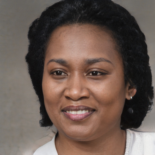 Joyful black adult female with long  black hair and brown eyes