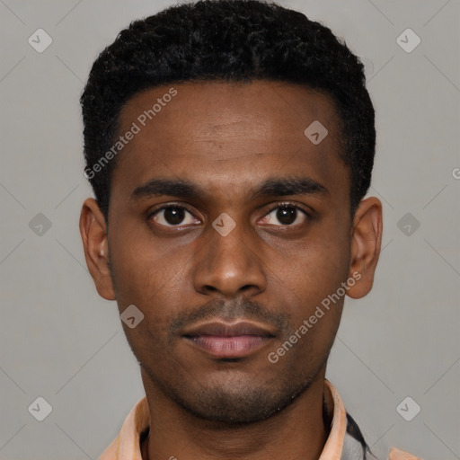 Neutral black young-adult male with short  black hair and brown eyes