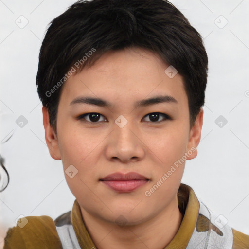 Neutral white young-adult female with short  brown hair and brown eyes