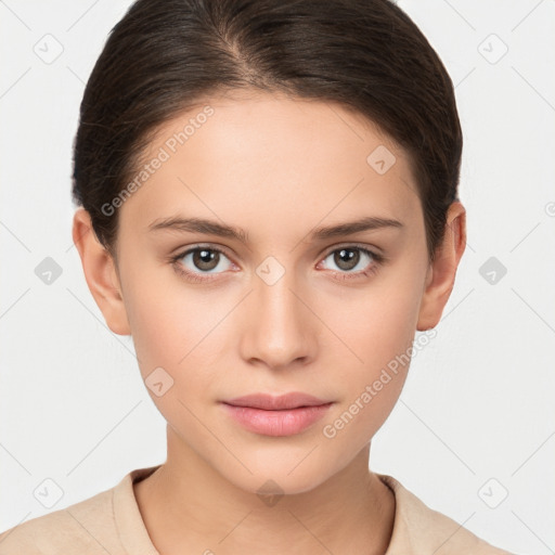 Neutral white young-adult female with short  brown hair and brown eyes