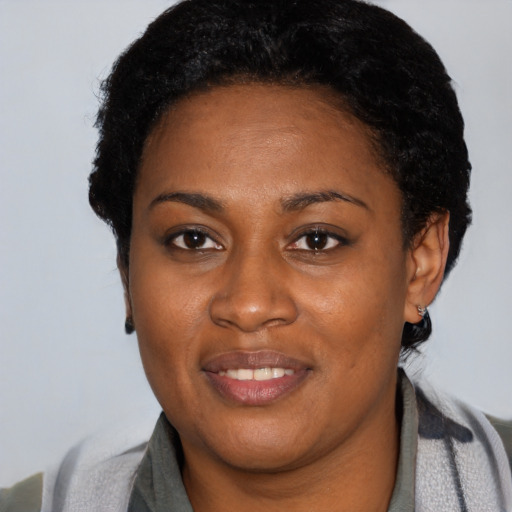 Joyful black young-adult female with short  black hair and brown eyes