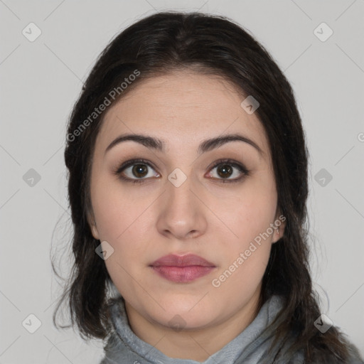 Neutral white young-adult female with medium  brown hair and brown eyes