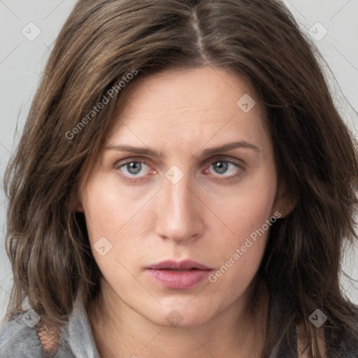 Neutral white young-adult female with long  brown hair and grey eyes