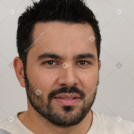 Neutral white young-adult male with short  black hair and brown eyes