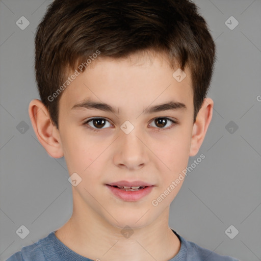 Joyful white child male with short  brown hair and brown eyes