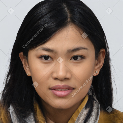 Joyful asian young-adult female with long  brown hair and brown eyes