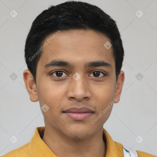 Joyful latino young-adult male with short  black hair and brown eyes