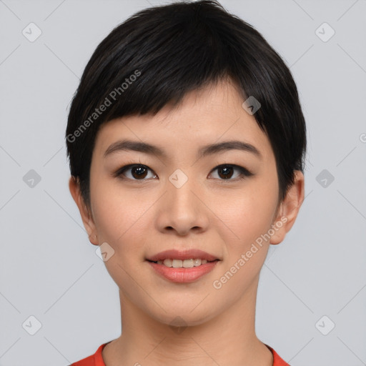 Joyful asian young-adult female with short  black hair and brown eyes