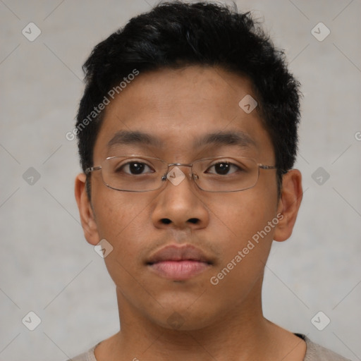 Neutral asian young-adult male with short  brown hair and brown eyes