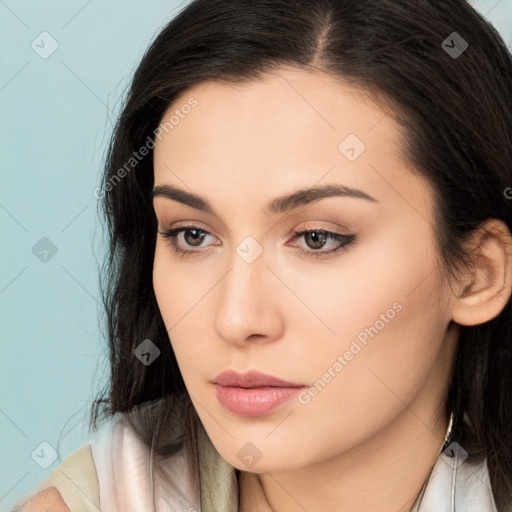 Neutral white young-adult female with long  brown hair and brown eyes