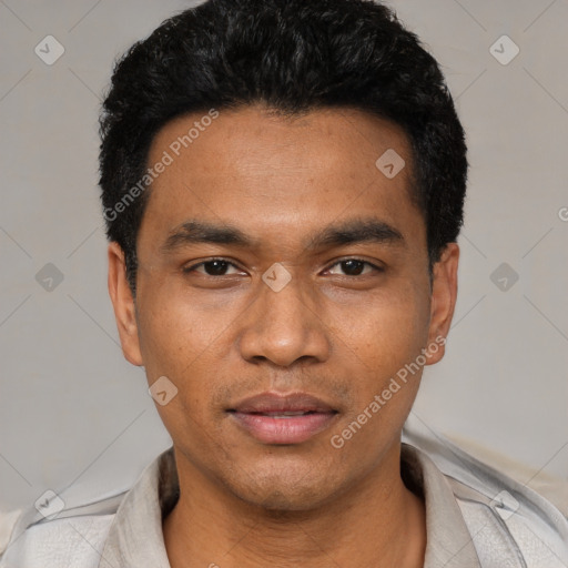 Neutral latino young-adult male with short  black hair and brown eyes