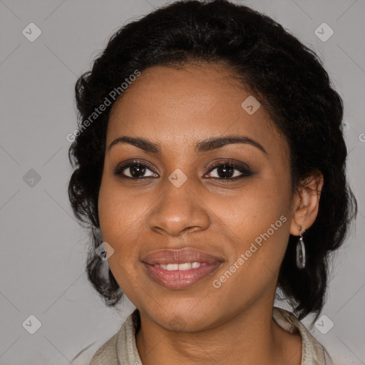 Joyful black young-adult female with medium  black hair and brown eyes