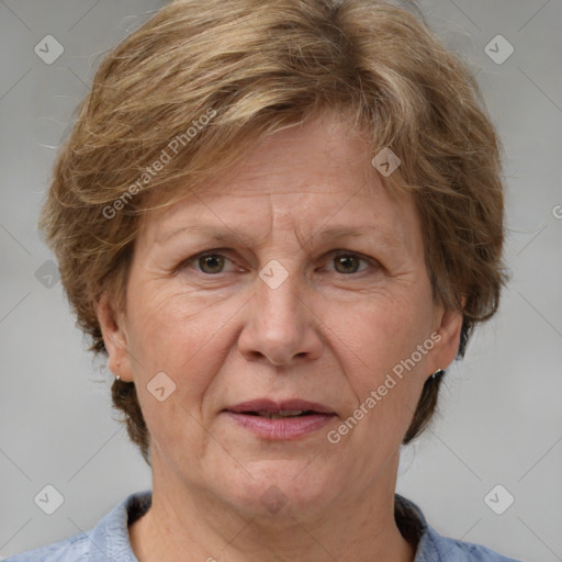 Joyful white middle-aged female with medium  brown hair and grey eyes