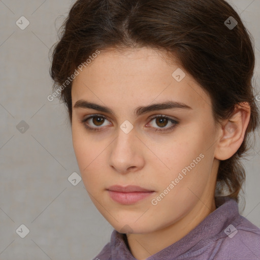 Neutral white young-adult female with medium  brown hair and brown eyes